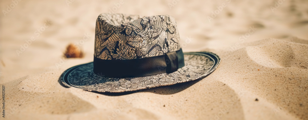 Hat on the sand with a sea background. Travel concept. Generative AI