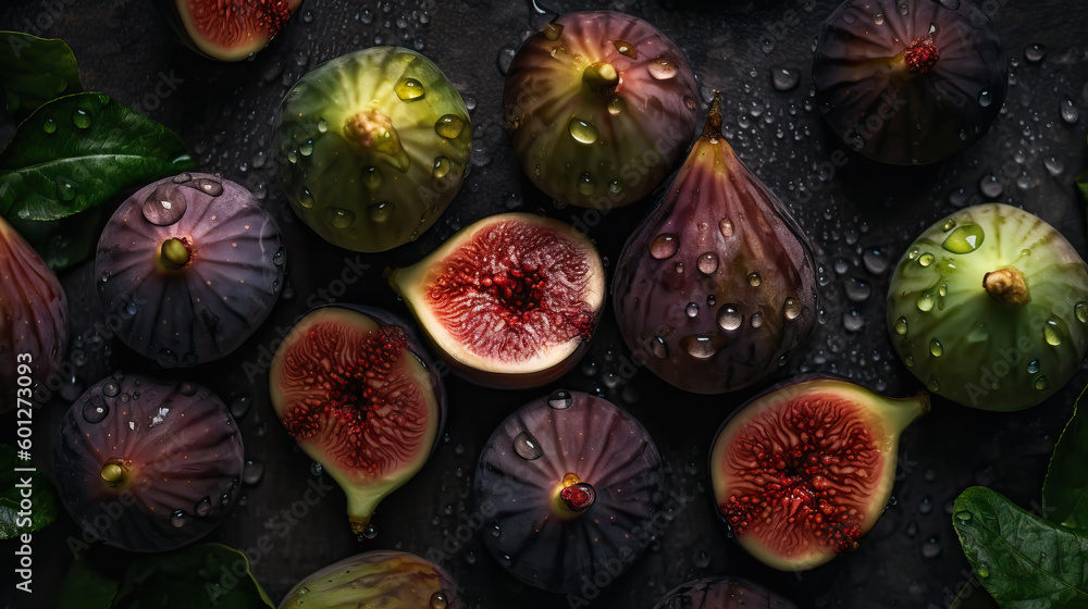 Fresh ripe figs with water drops background. Fruits backdrop. Generative AI