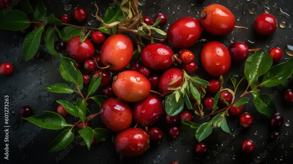 Fresh ripe barberries with water drops background. Berries backdrop. Generative AI