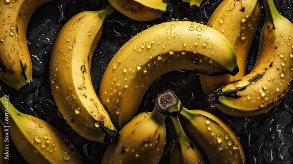 Fresh ripe bananas with water drops background. Fruits backdrop. Generative AI