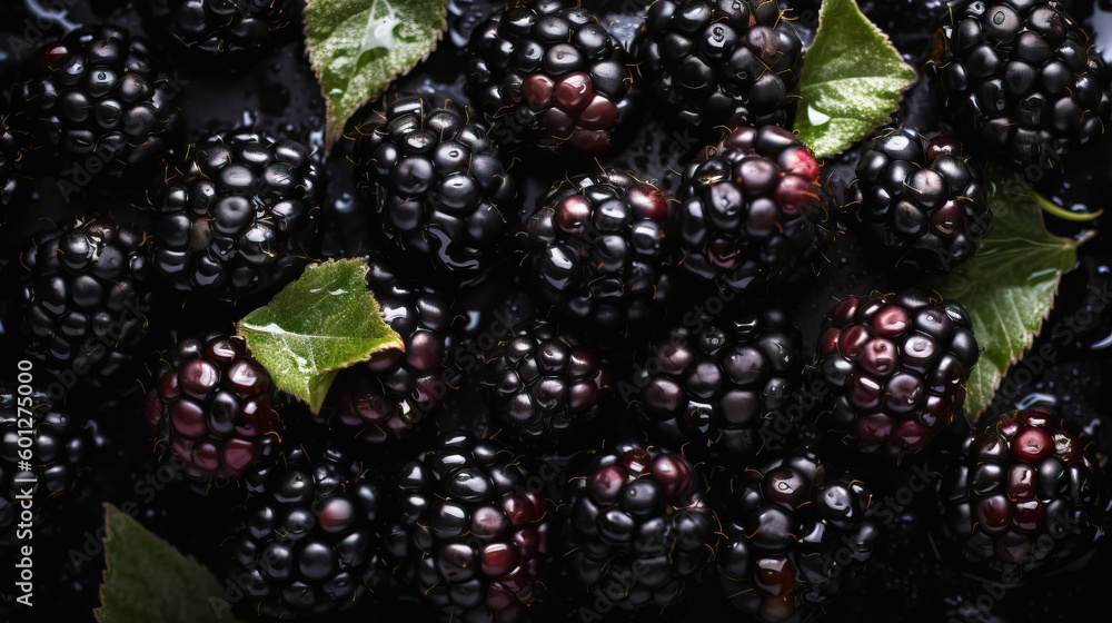 Fresh ripe blackberries with water drops background. Berries backdrop. Generative AI