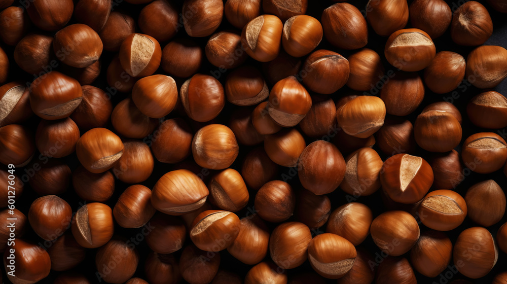 Large group og Hazelnuts. Food background. Generative AI