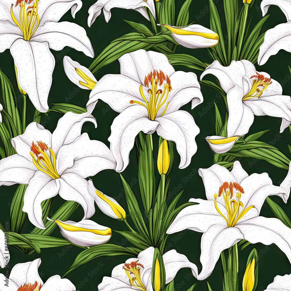 Lily flower seamless pattern. Floral seamless background. Generative AI