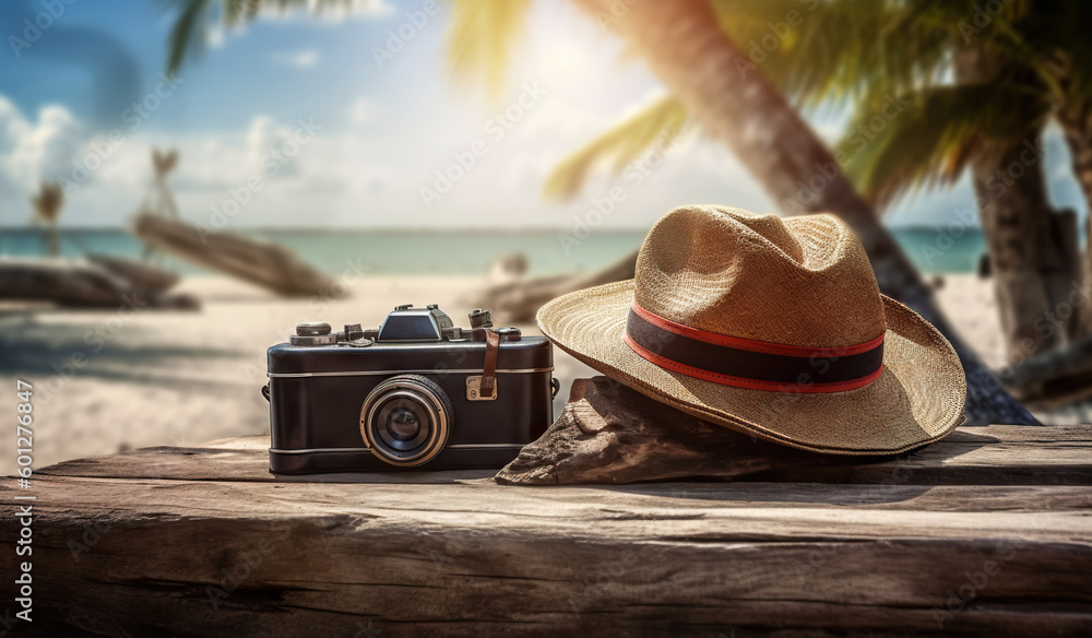 Suitcase, hat and accessories on the wooden floor with a sea background. Travel concept. Generative 