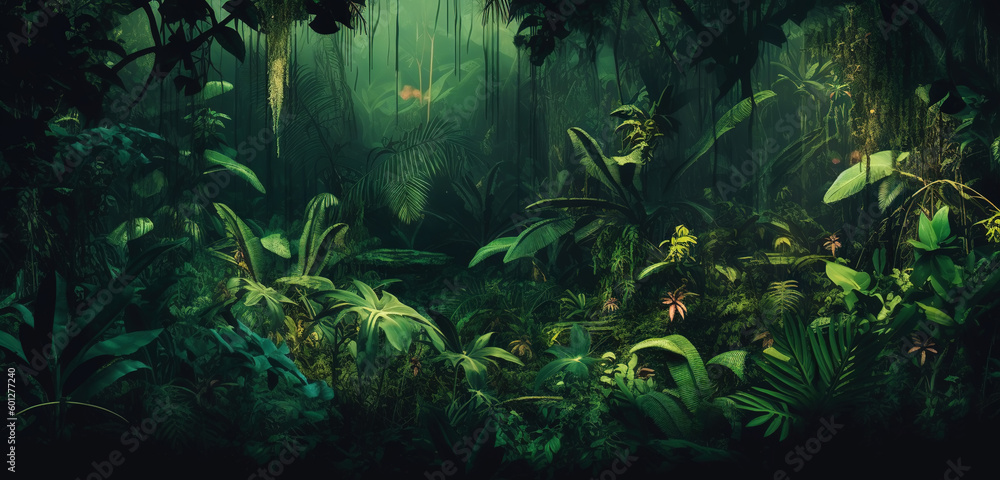 Deep tropical jungles. Dense forest landscape. Generative AI