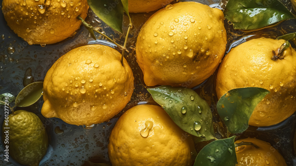 Fresh ripe lemons with water drops background. Fruits backdrop. Generative AI