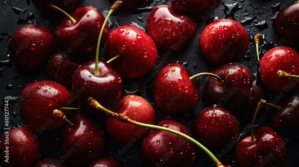 Fresh ripe cherries with water drops background. Berries backdrop. Generative AI