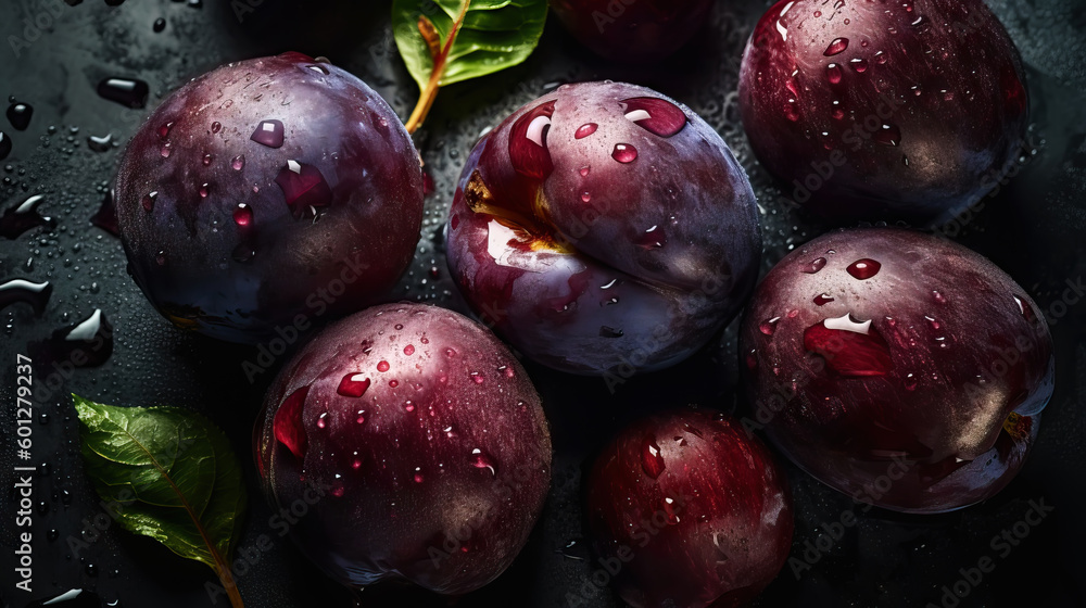 Fresh ripe plums with water drops background. Fruits backdrop. Generative AI