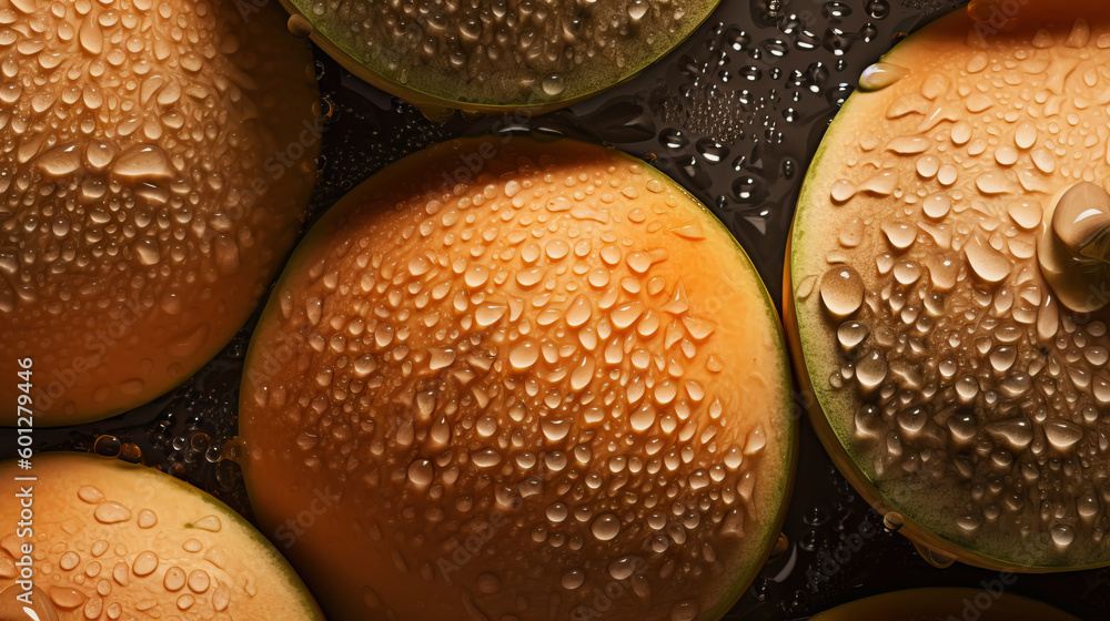 Fresh ripe cantaloupes with water drops background. Fruits backdrop. Generative AI