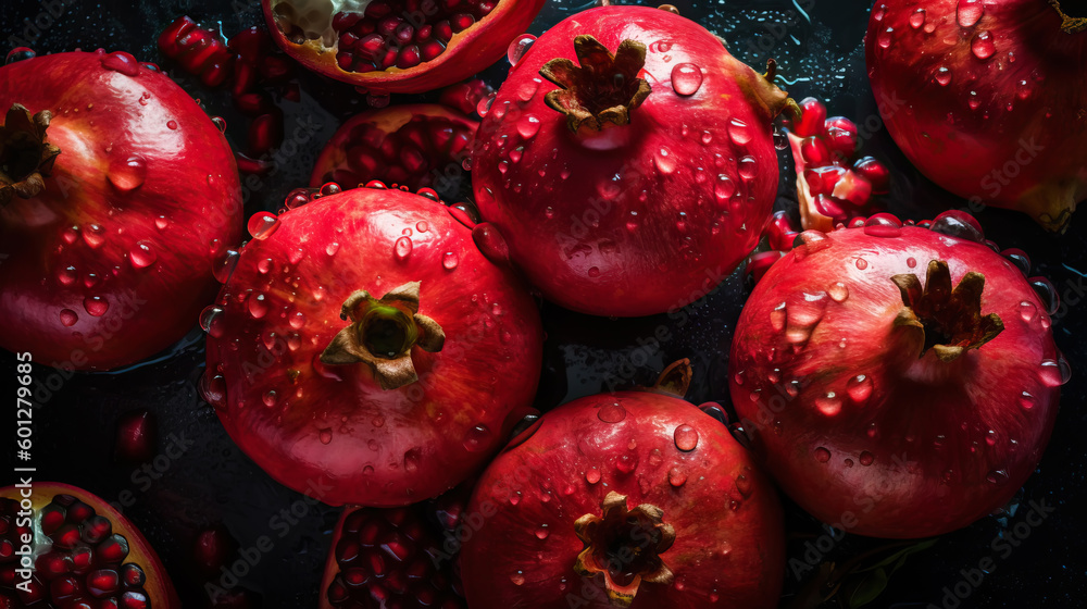 Fresh ripe pomegranades with water drops background. Fruits backdrop. Generative AI