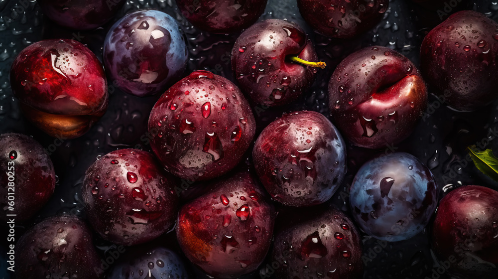 Fresh ripe plums with water drops background. Fruits backdrop. Generative AI