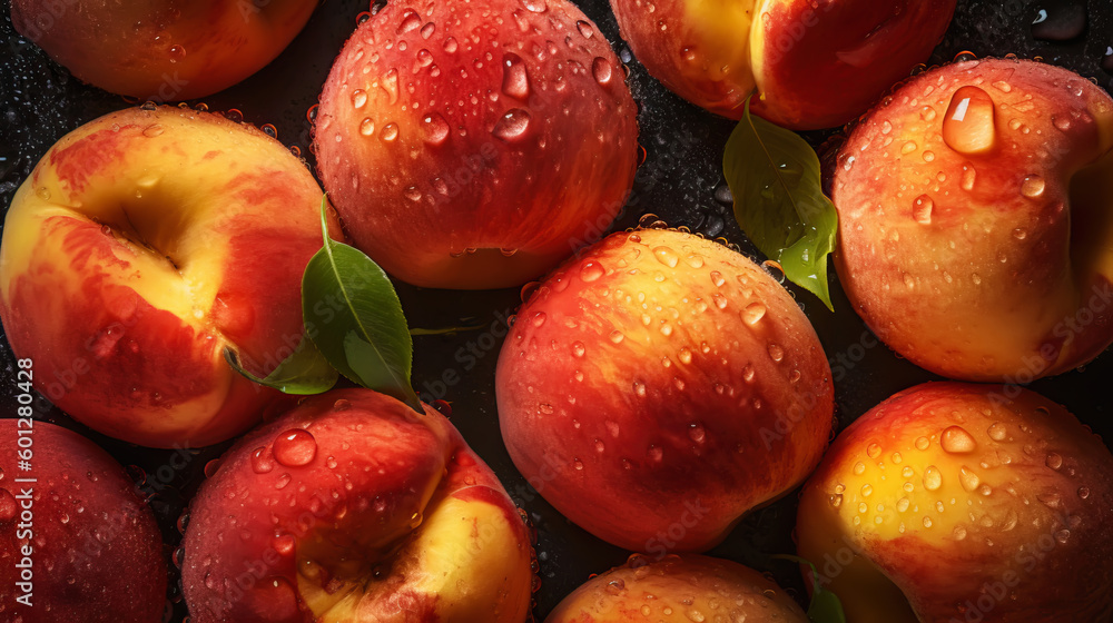 Fresh ripe peaches with water drops background. Fruits backdrop. Generative AI