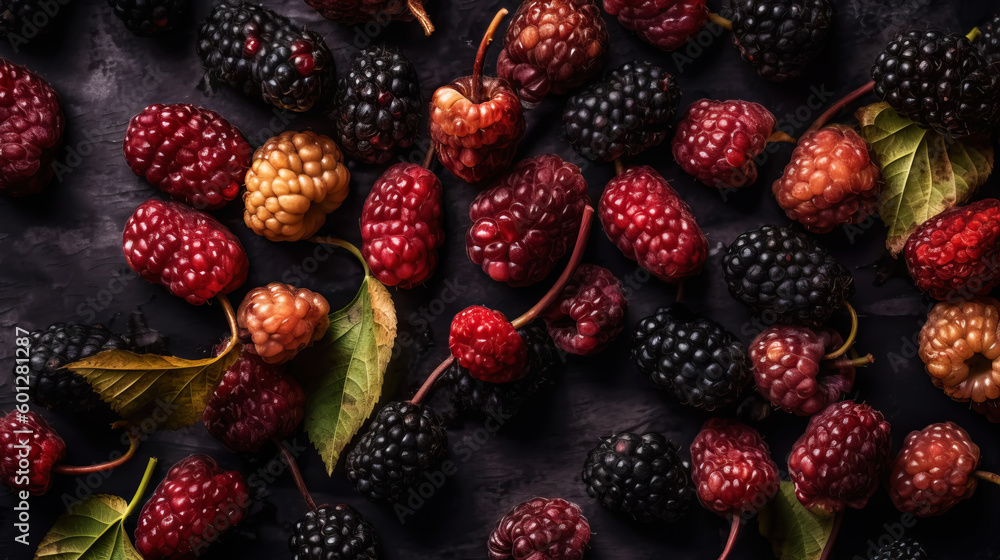 Fresh ripe mulberry with water drops background. Berries backdrop. Generative AI