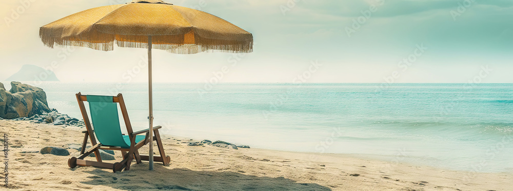 Beach chair and umbrella on beautiful beach. Travel paradise concept. Generative AI