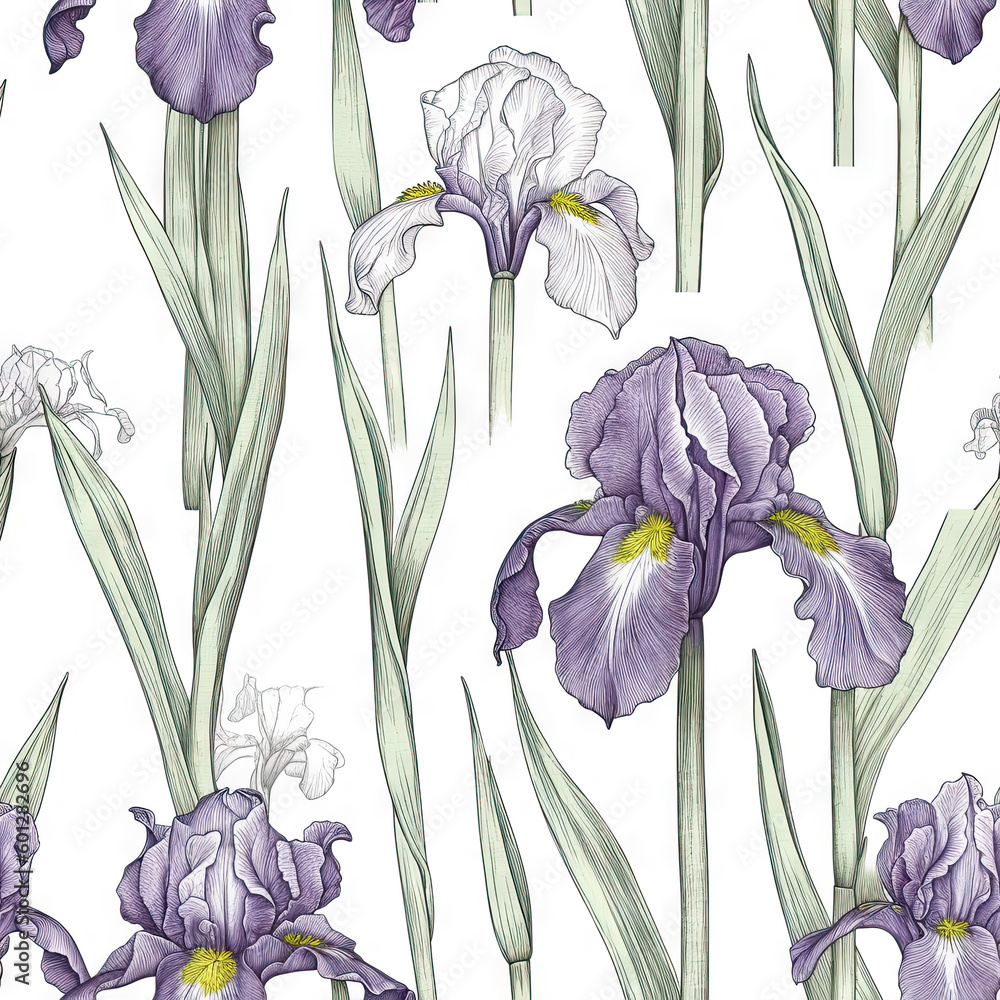 Iris flower seamless pattern. Floral seamless background. Generative AI