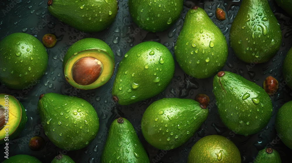 Fresh ripe avocados with water drops background. Fruits backdrop. Generative AI