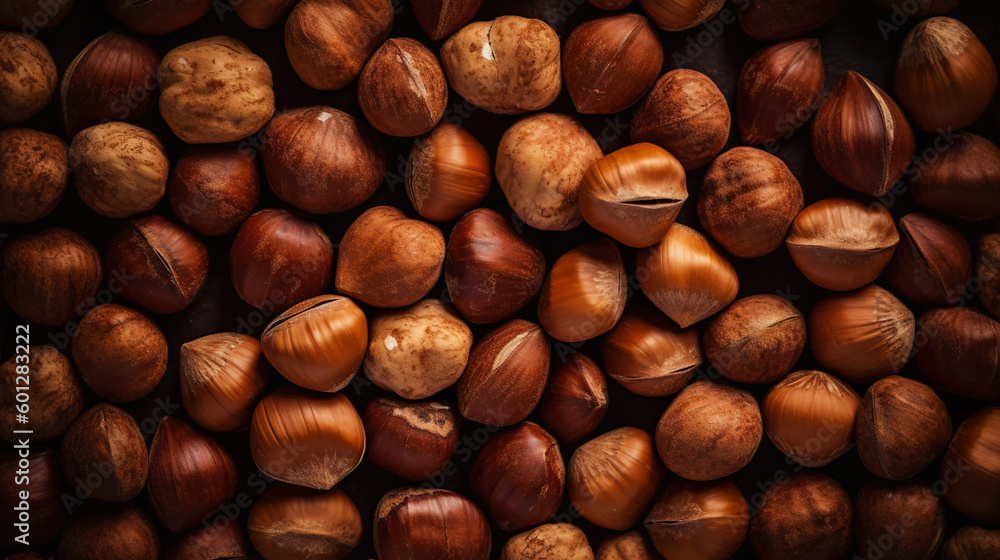 Large group og Hazelnuts. Food background. Generative AI