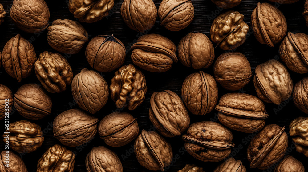 Walnuts with and without shells filling the view. Top view background of fresh walnuts. Generative A