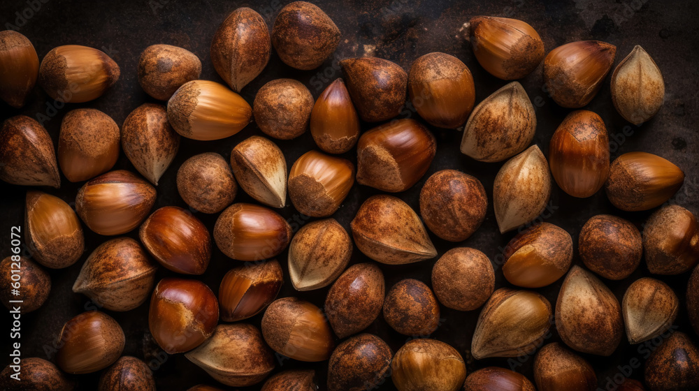 Many dried acorn nuts background. Top view on large group of nuts. Generative AI