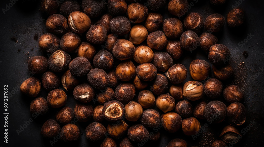 Large group og Hazelnuts. Food background. Generative AI