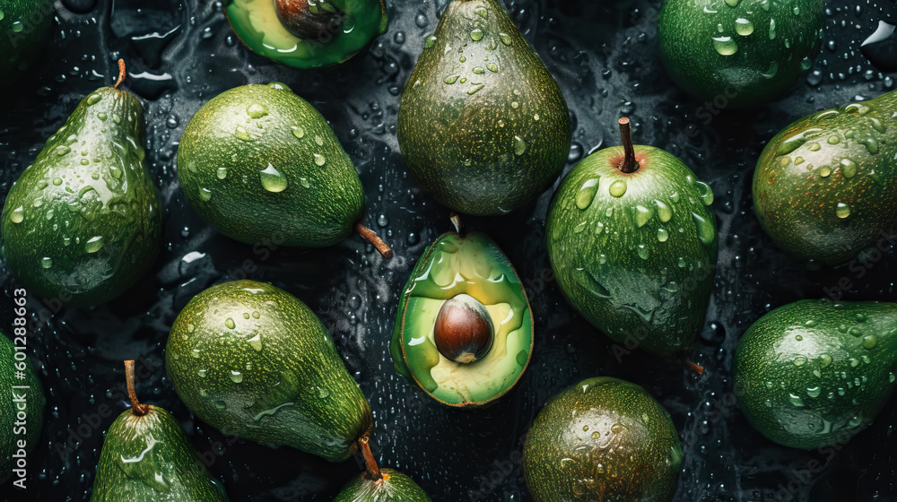 Fresh ripe avocados with water drops background. Fruits backdrop. Generative AI