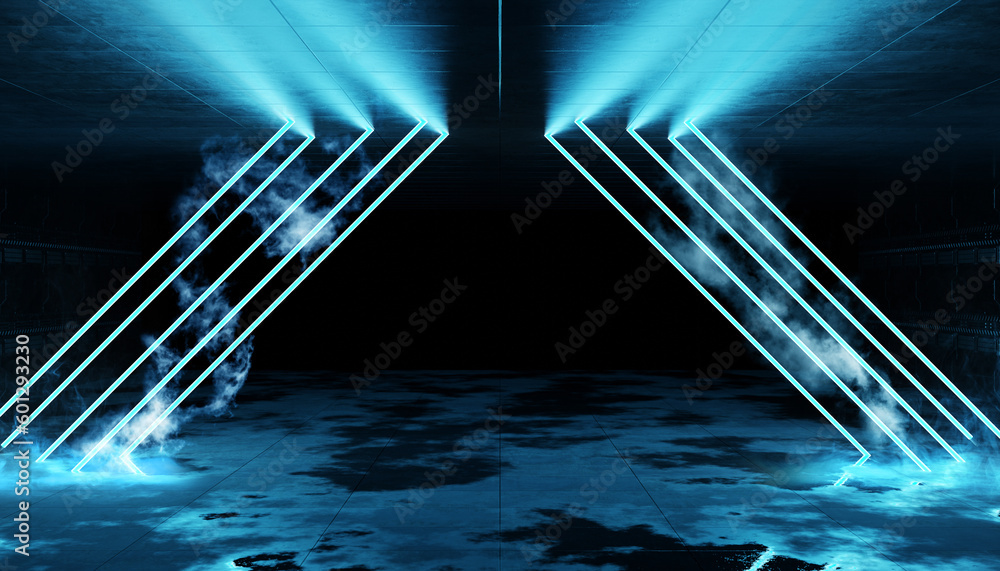 Cyber neon laser Interior. Garage room hangar with sci fi glowing blue tubes. Futuristic dark tunnel