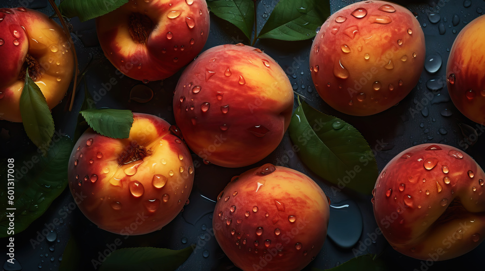 Fresh ripe peaches with water drops background. Fruits backdrop. Generative AI