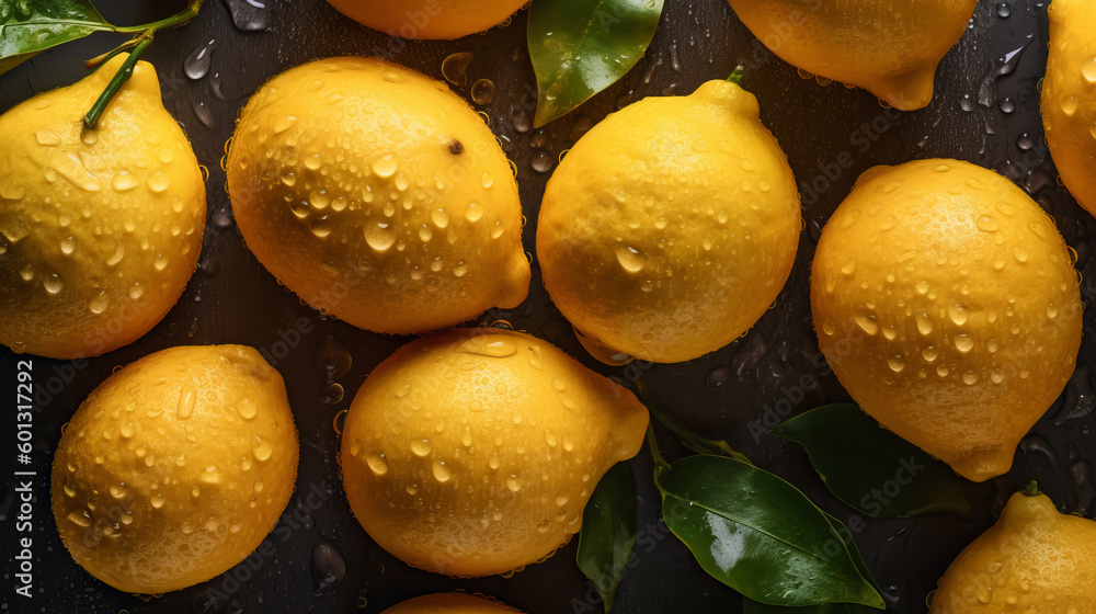 Fresh ripe lemons with water drops background. Fruits backdrop. Generative AI