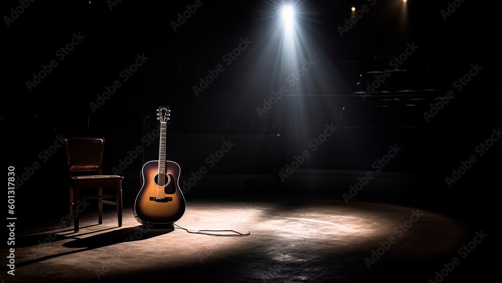 Acoustic guitar on a stage in a dark room with a spotlight. Music concept. Generative AI.