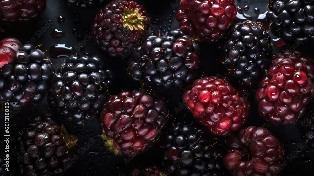 Fresh ripe blackberries with water drops background. Berries backdrop. Generative AI