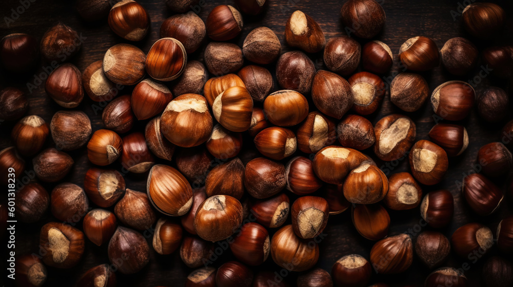 Large group og Hazelnuts. Food background. Generative AI