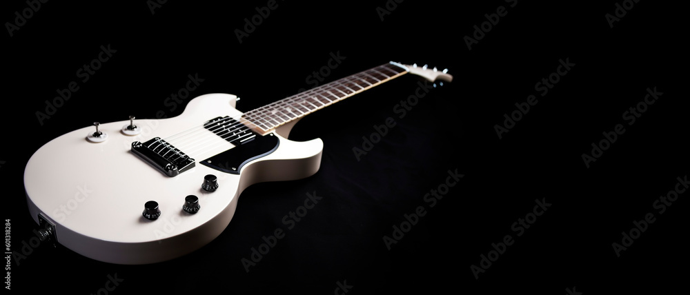 A white electric guitar on a black background with copy space. Generative AI.