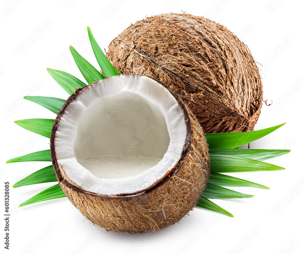 Coconut milk in the half of coconut fruit isolated on white background.