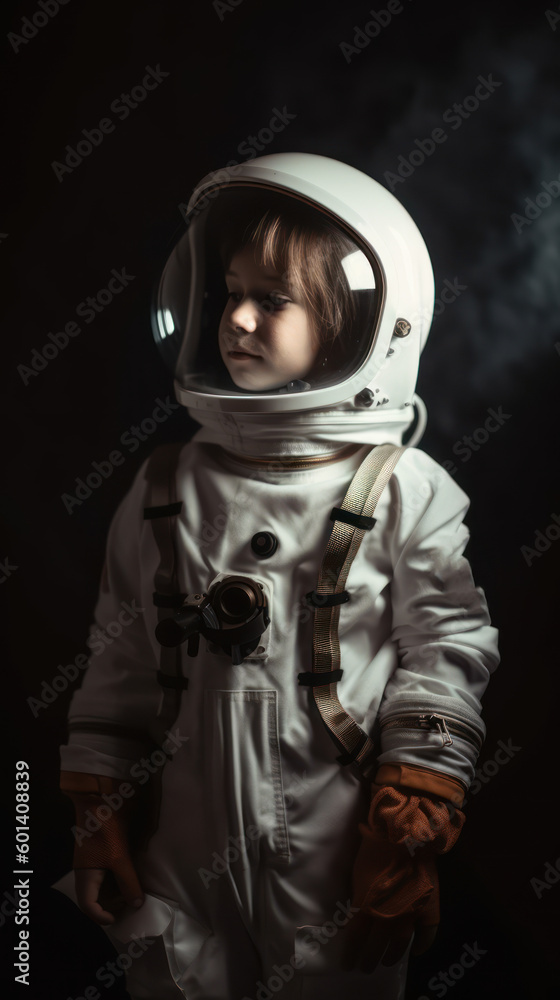 Little kid wearing spacesuit. Cosmonaut concept. Ai generated.