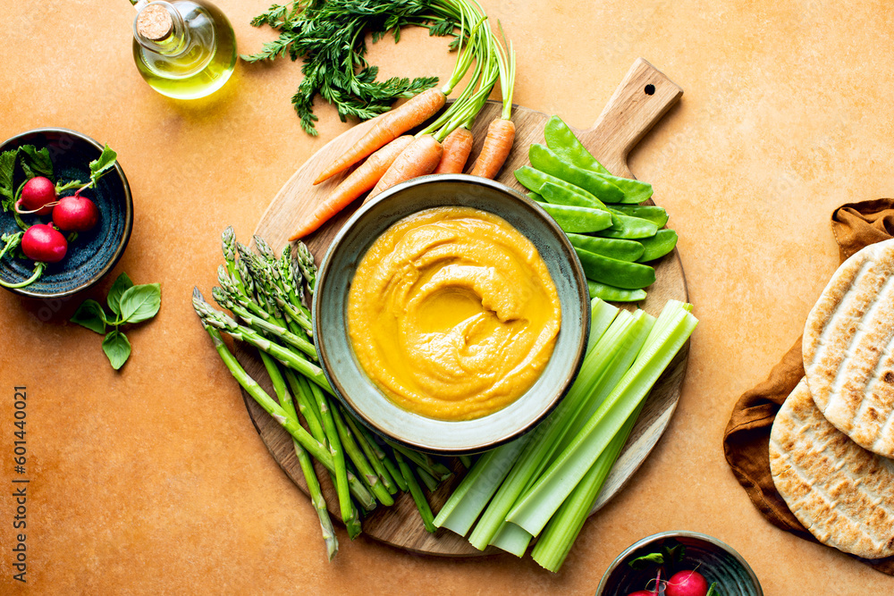 Chickpea hummus served with spring vegetables