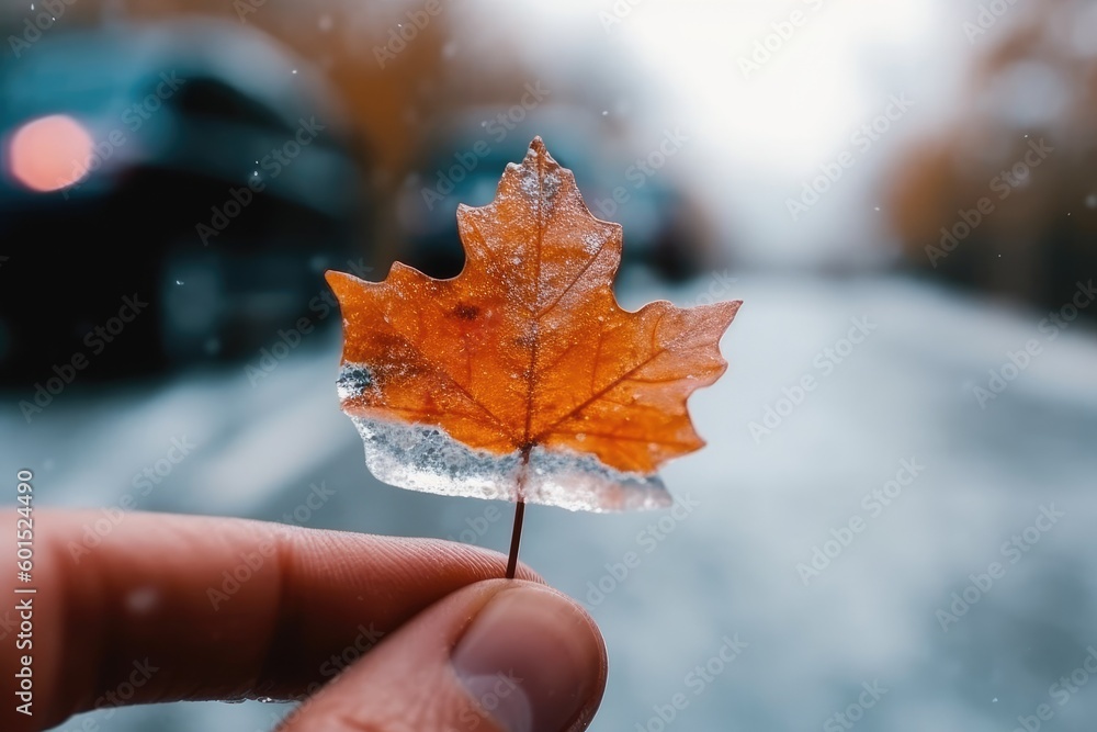 hand holding a green leaf against a blue sky background Generative AI