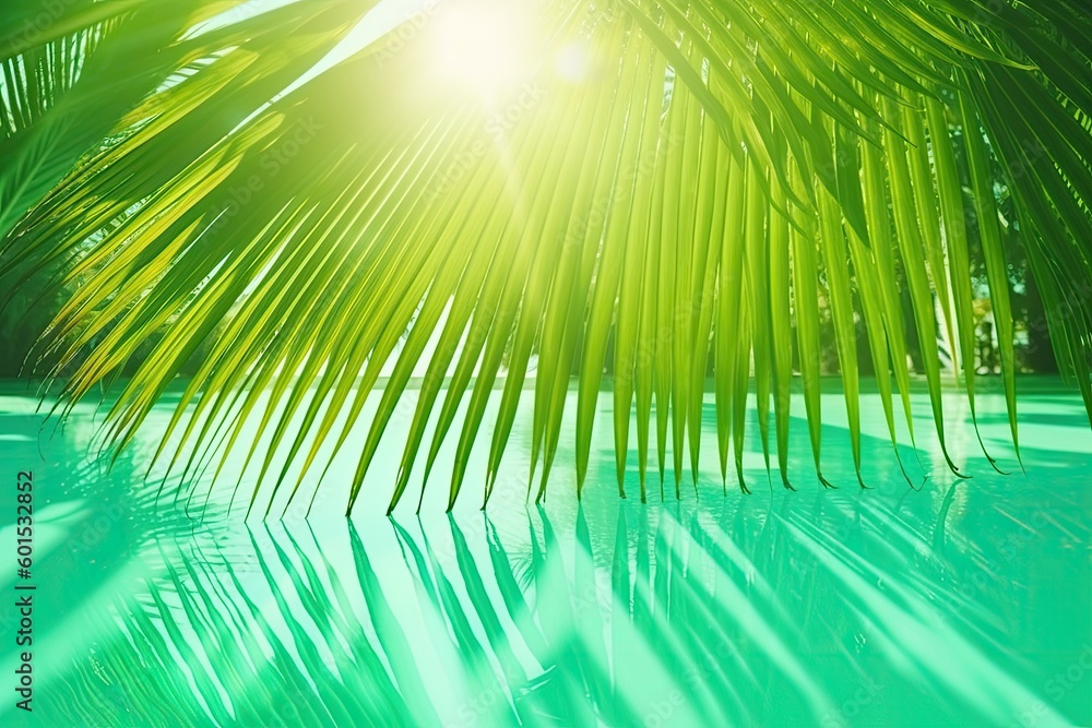 palm tree with sun rays shining through the leaves Generative AI