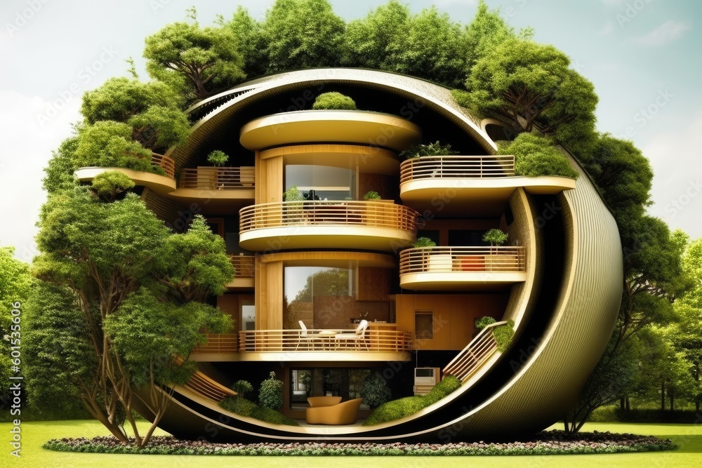 circular building with multiple balconies and levels Generative AI