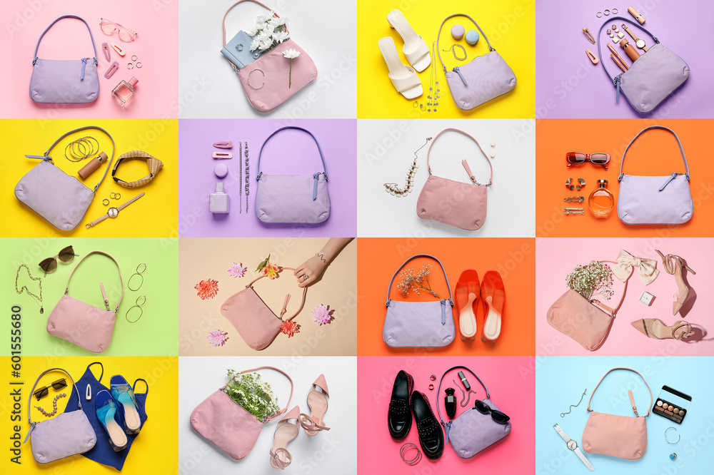 Collage of stylish womans handbags with accessories on color background, top view