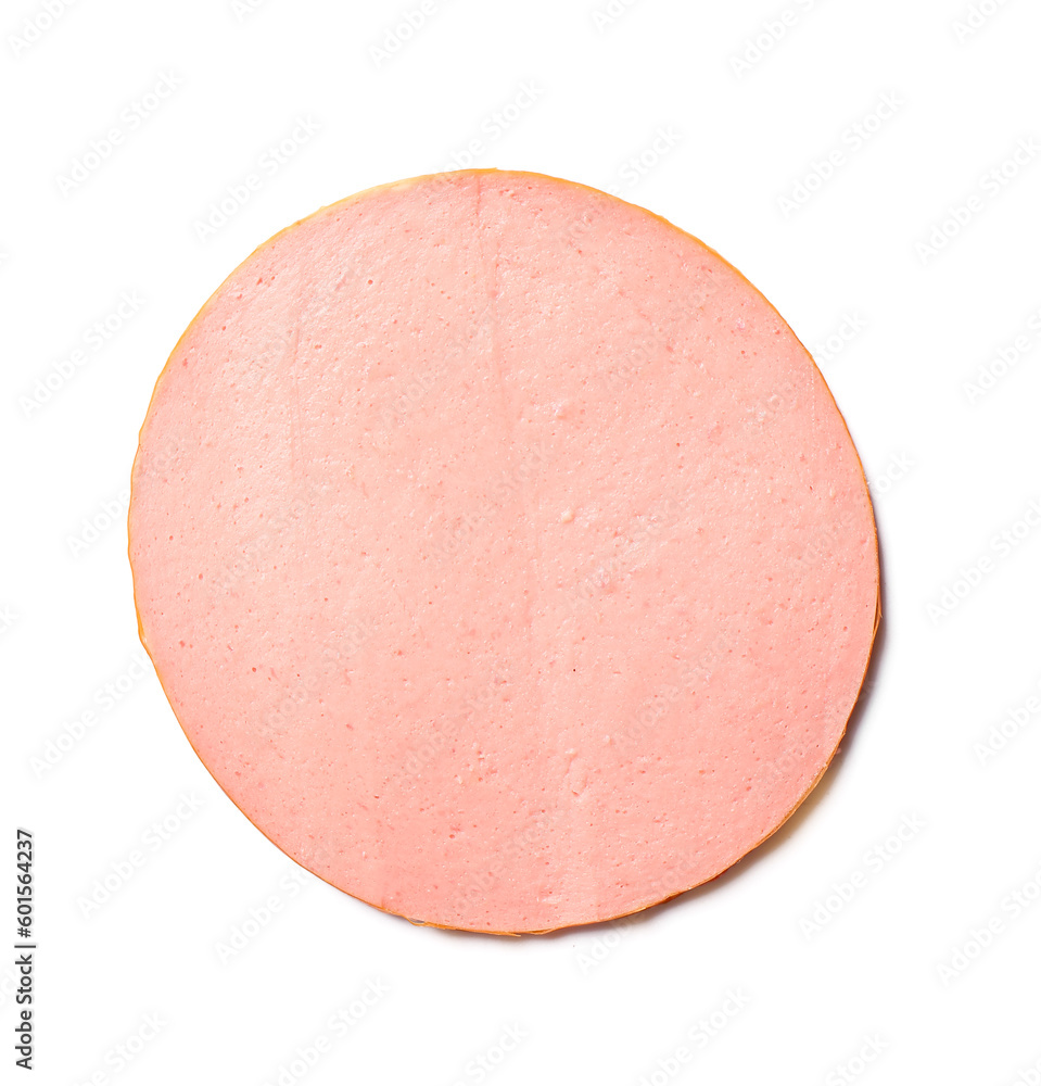 Slice of tasty boiled sausage on white background