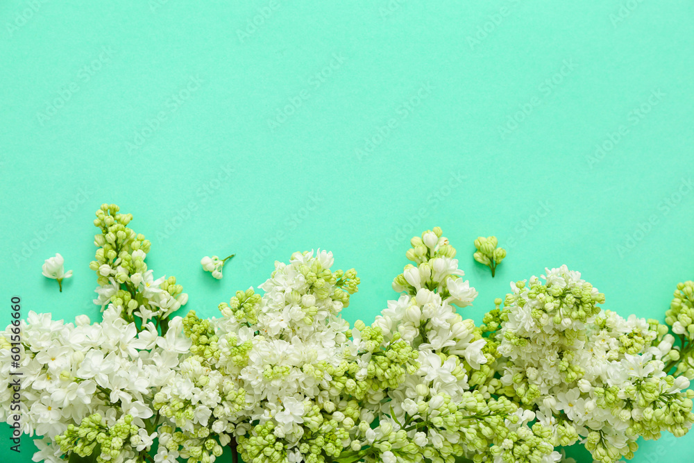 Beautiful lilac flowers on turquoise background