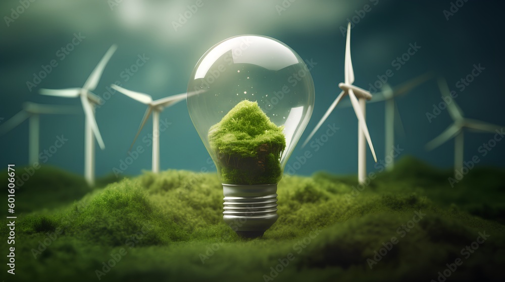 Illustrative green energy concept featuring glowing light bulb filled with verdant vegetation, wind 