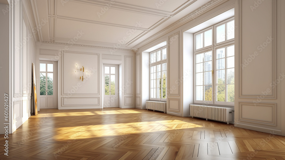 Empty room interior design, open space with oak parquet floor, classic windows, wooden ceiling and w