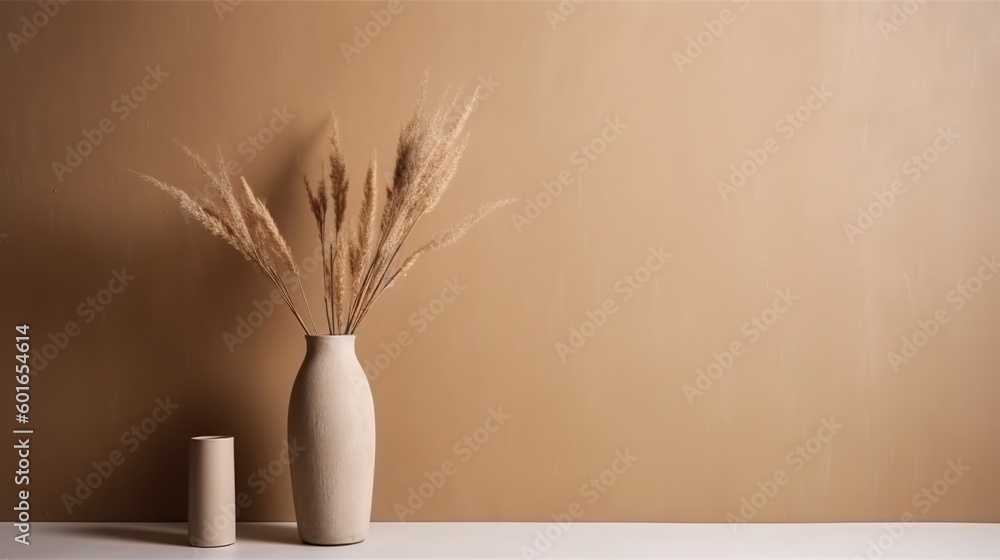 Vase with decorative dry plant branch against beige wall background. Minimalist interior mockup. Gen