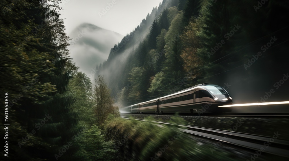 Speed passenger train moving in the mist mountains covered with forest. Generative AI