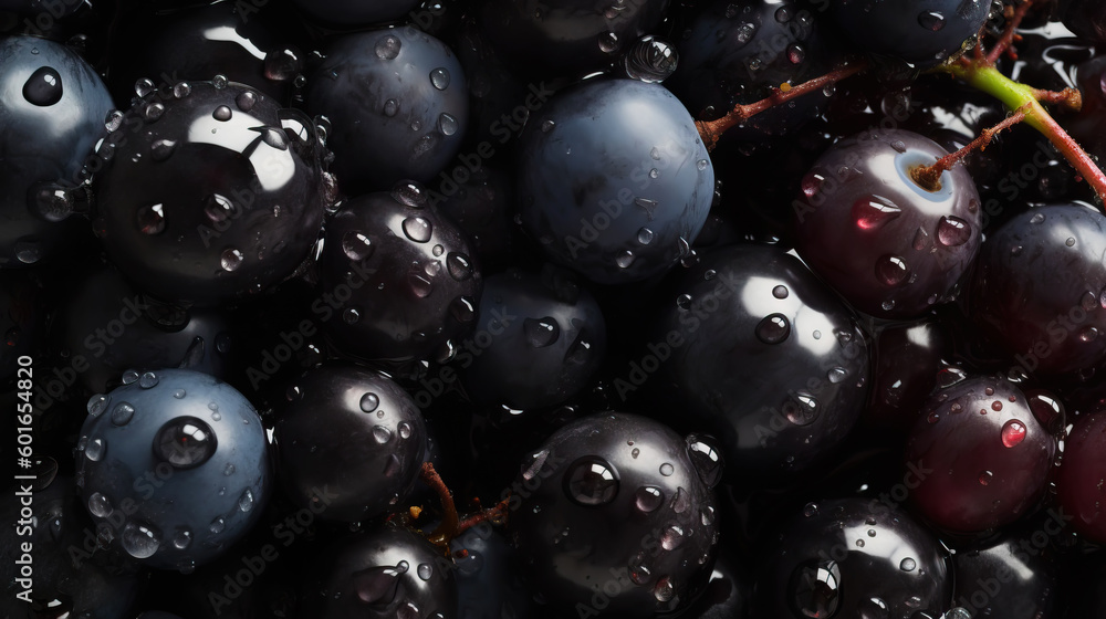 Fresh ripe blackcurrant with water drops background. Berries backdrop. Generative AI