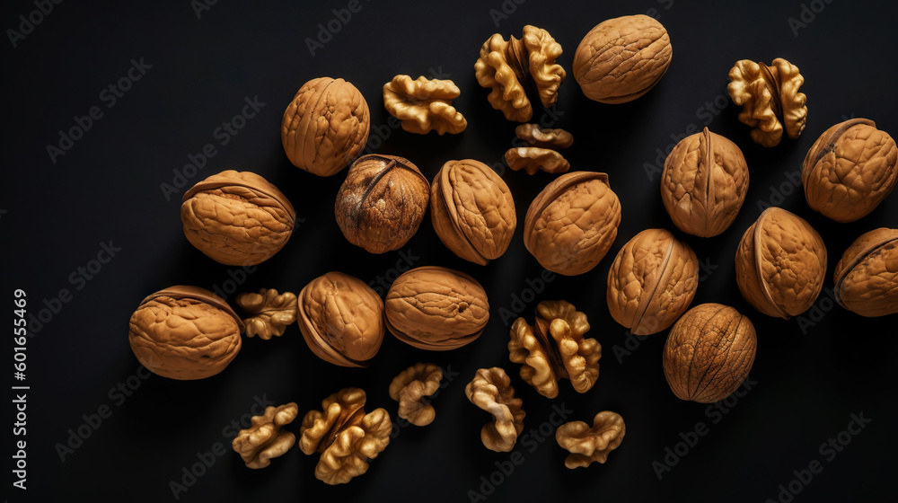 Walnuts with and without shells filling the view on dark background. Top view of fresh walnuts. Gene