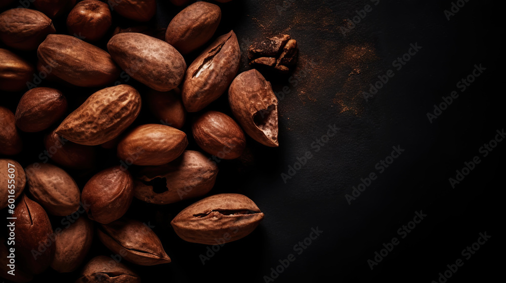 Dried Kola Nuts on dark background. Food backdrop. Generative AI