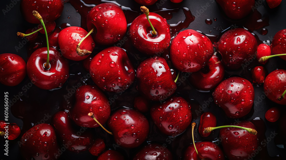 Fresh ripe cherries with water drops background. Berries backdrop. Generative AI