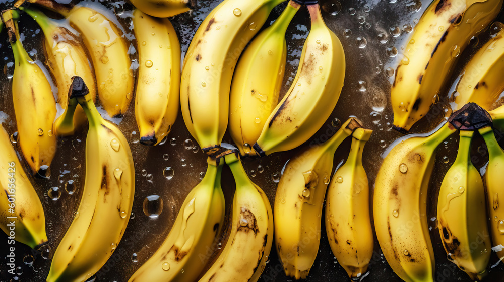 Fresh ripe bananas with water drops background. Fruits backdrop. Generative AI